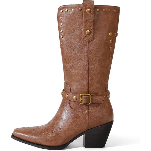 Womens Light  Brown Faux Leather Mid Calf Square Toe Chunky Heel Studded Boots - Picture 2 of 6